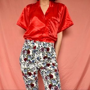CHERRY RED SILKY BUTTON UP TOP